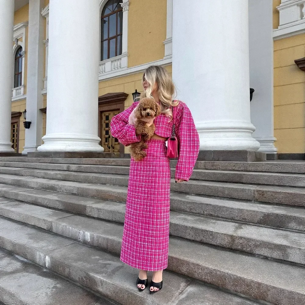 French European Fashion Autumn Tweed Suit Set for Women Plaid Casual Elegant Two Piece Outfit Rose Red