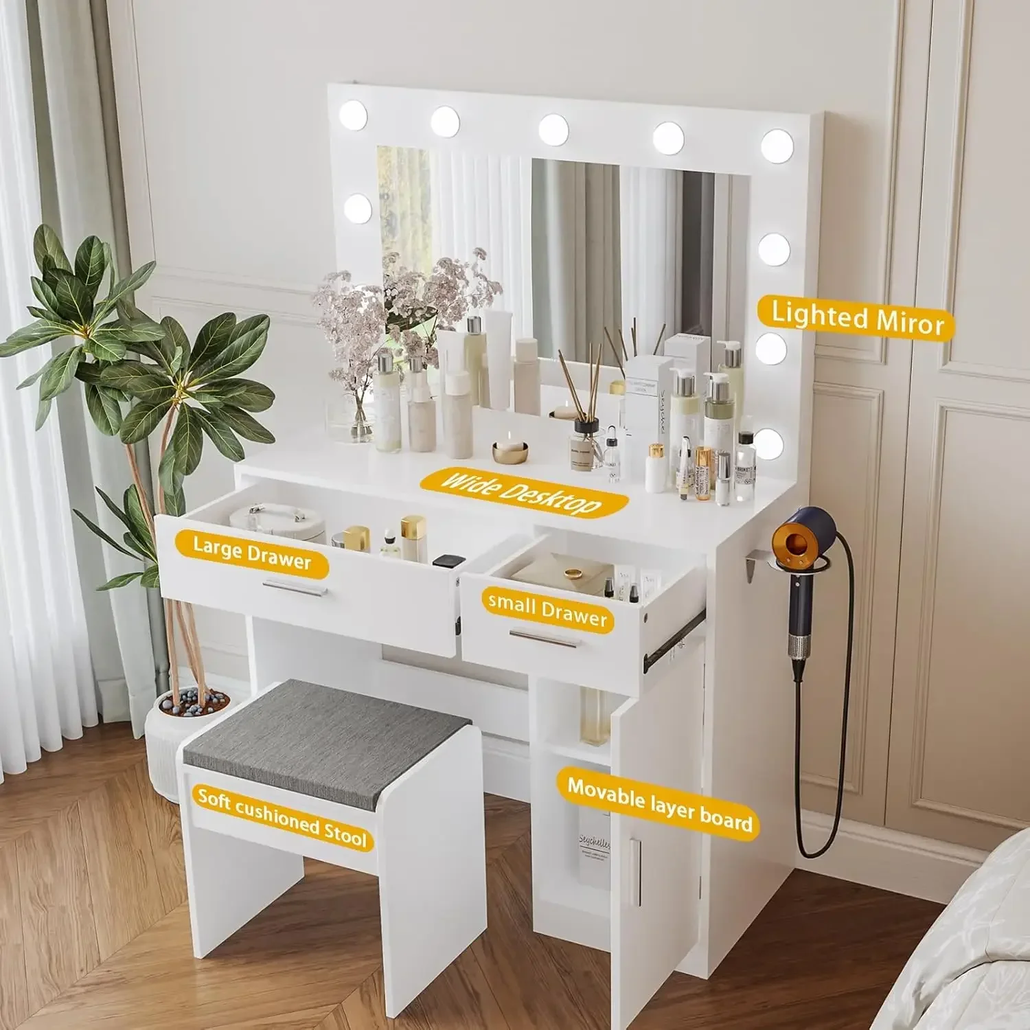 Viaozutis Vanity, Vanity Desk with Mirror, Large Drawer and Power Socket with 11 Light Bulbs and 3 Adjustable Lighting Modes, Va