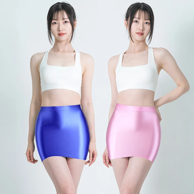 Satin oil Glossy Skirt Sexy Hip Wrap One Step Skirt Elastic Smooth Half Body sexy Super Short Skirt