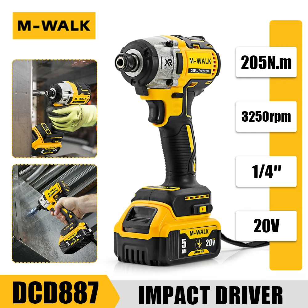 

M-WALK Аккумуляторная электрическая отвертка 1/4 дюйма Бесщеточная ударная дрель Аккумуляторные электроинструменты для Dewaly 20 В Аккумуляторный штифт