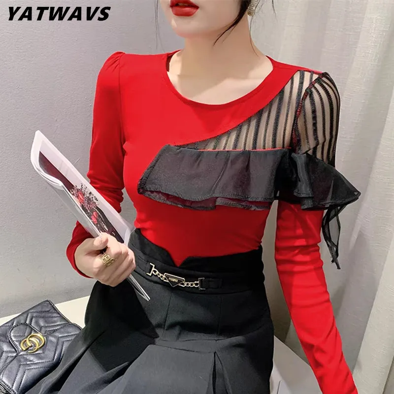 

2023 New Autumn European Cotton T-Shirt Clothes Women Fashion Patchwork Ruffles Tops Sexy Hollow Out Long Sleeve Casual Tees