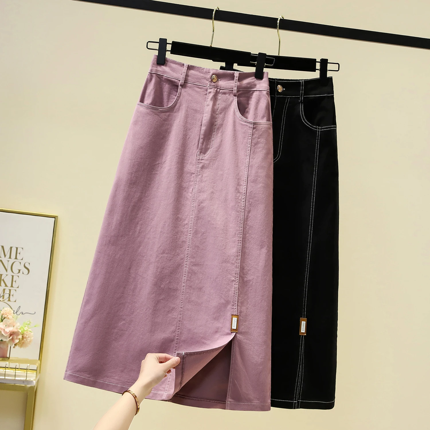 

Джинсовая юбка-миди трапециевидной формы в стиле ретро с завышенной талией, смесь хлопка, прямой крой и разрезом, корейская летняя женская юбка больших размеров, большие размеры...