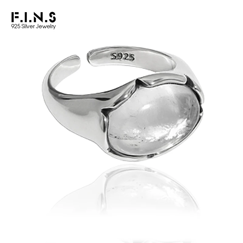 F.I.N.S Korean Fashion Design Natural Crystal S925 Sterling Silver Open Ring Retro Old Oval Crystal Finger Fine Rings Anel