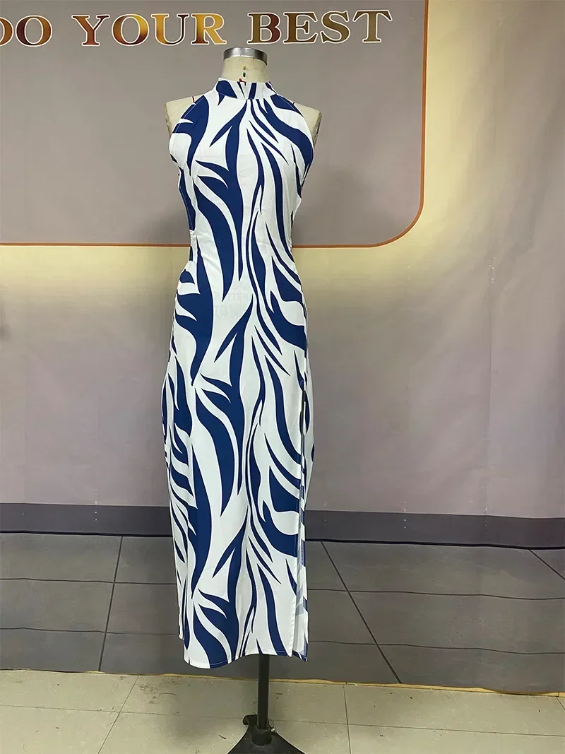 Vestido feminino estilingue vestidos longos impressão halterneck sem mangas sexy fino ajuste sem costas elegante splice hip envoltório verão vestidos