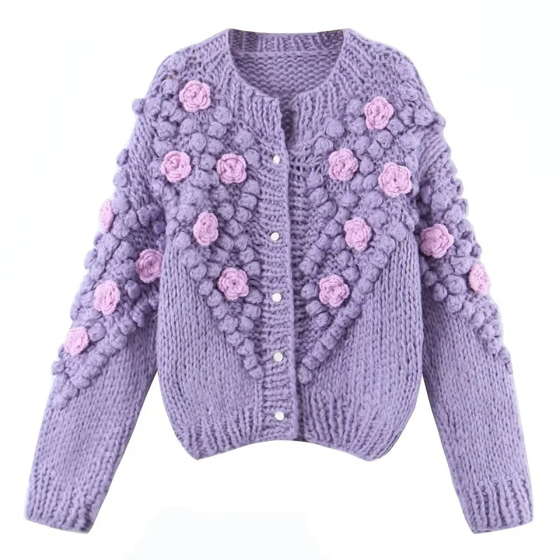 

Women's Winter Knitted Cardigan European American Style round Neck Three-dimensional Small Flower Detail Loose Fit Sweater