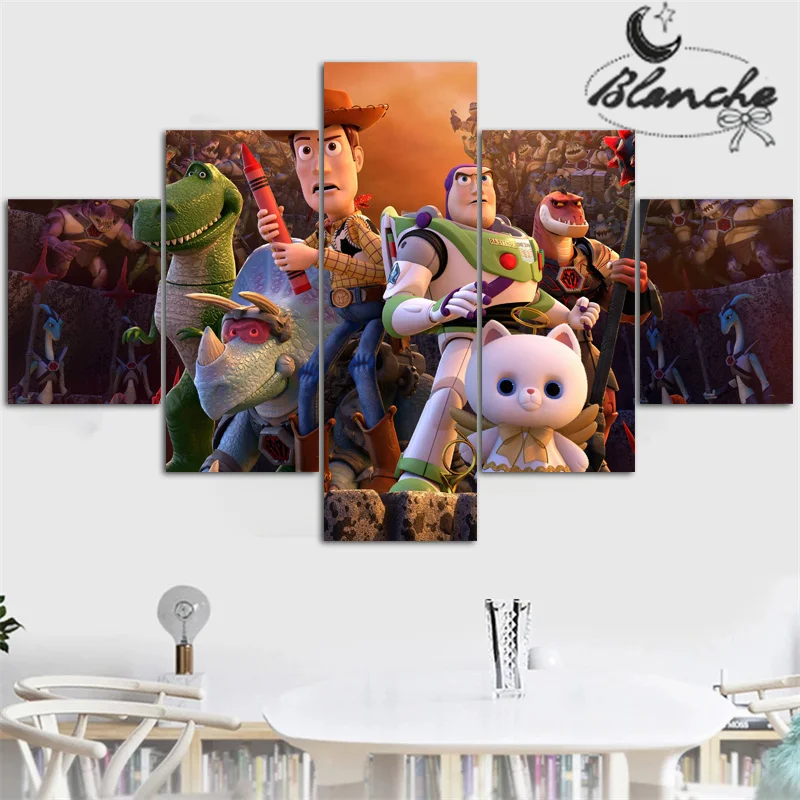 5 Piece Disney Movie Canvas Painting Toy Story Cartoon Roles Scene Woody Wall Art Modern Print For Kids Living Room Home Decor