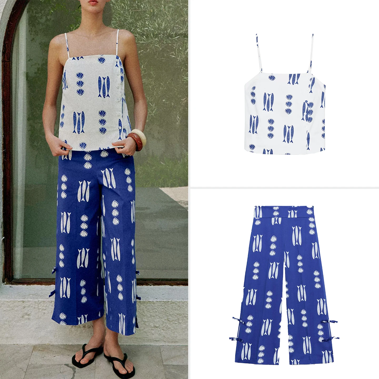 Women's Fashion Summer Outfit with  Knot Decorated Print Straight Collar Button Embellished Wide Leg Pants