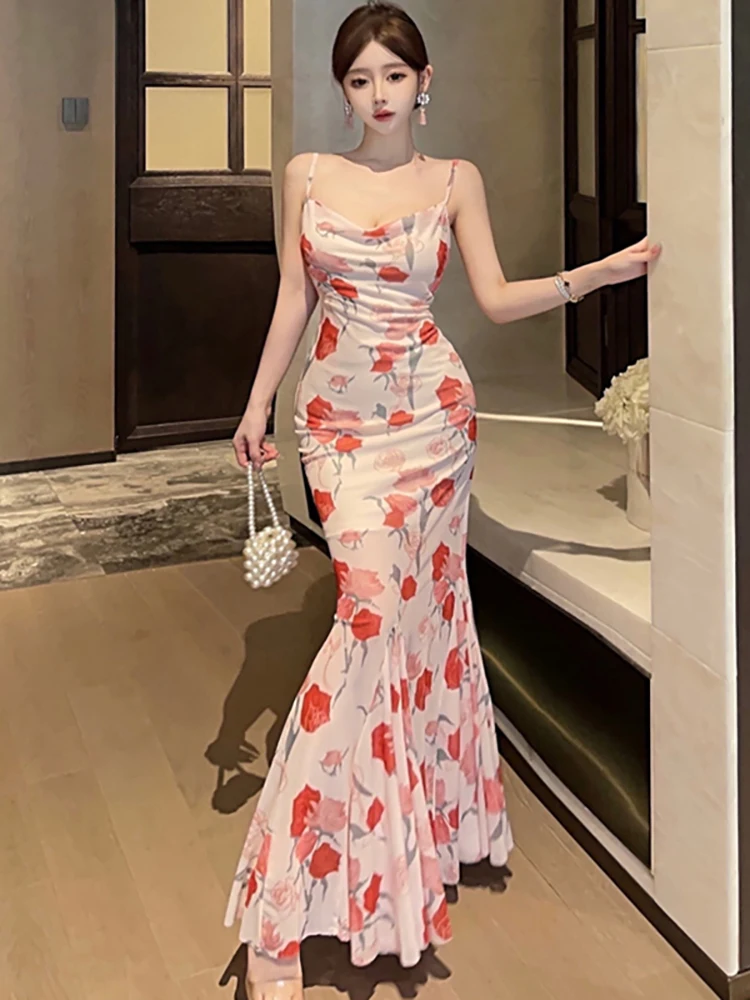 

Women Boho Floral Mesh Chic Ruffled Mermaid Dress Summer Elegant Bodycon Sling Sexy Dress 2025 Korean Fashion Luxury Party Dress