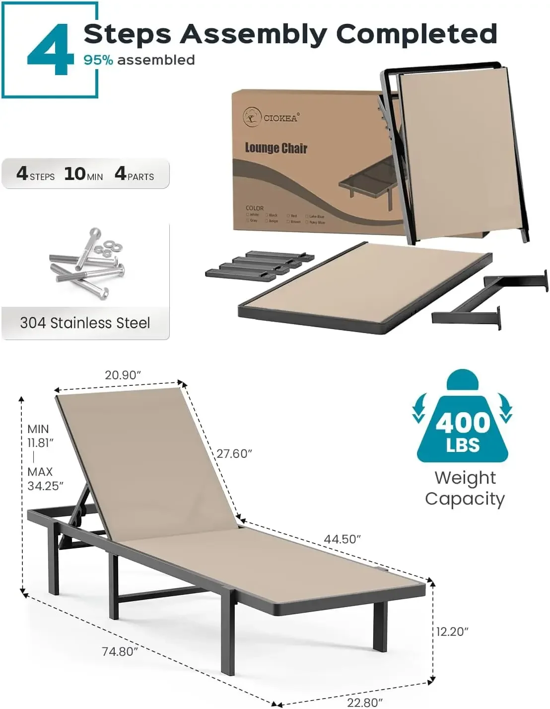 Chaise Lounge Chair Outdoor, Patio Lounge Chair with Adjustable 5-Position Recliner and Full Flat Tanning Chair for Patio, Beach