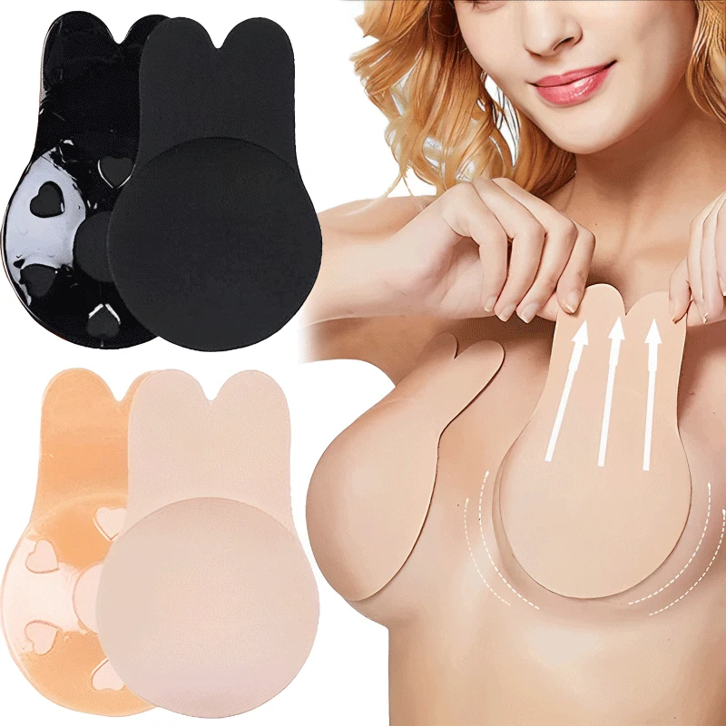 Women Push Up Bras Self Adhesive Silicone Strapless Invisible Bra Reusable Sticky Breast Lift Tape Rabbit Nipple Cover Bra Pads