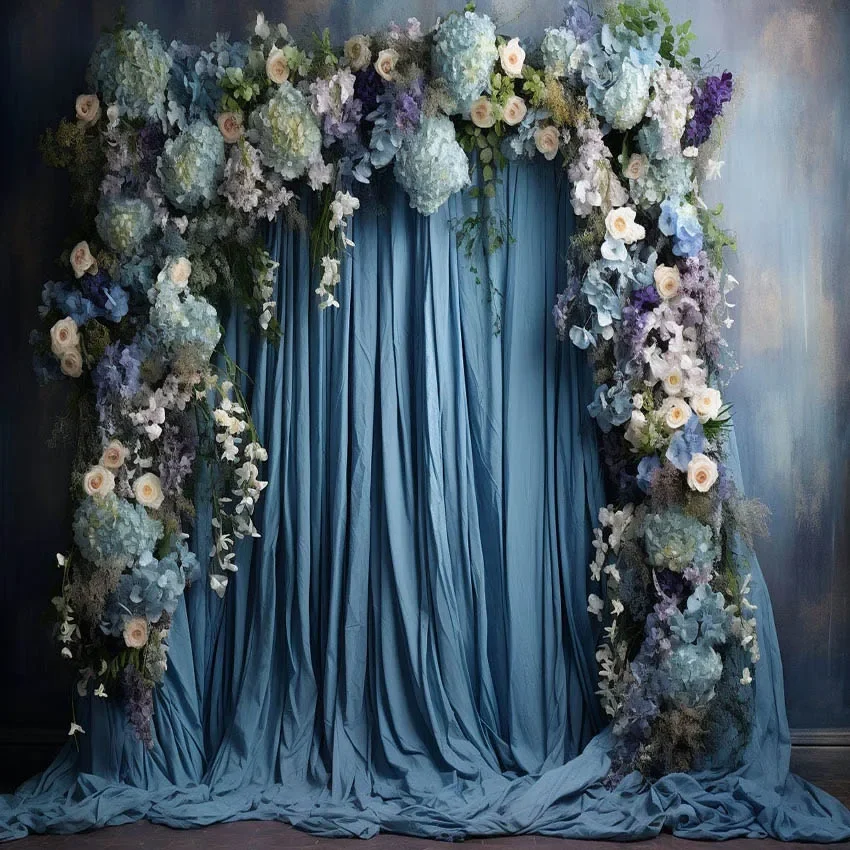 8x8FT Light Blue Gauze Curtain Floral Flowers Frame Costume Model Custom Photo Background Backdrop Seamless Vinyl 240cm x 240cm