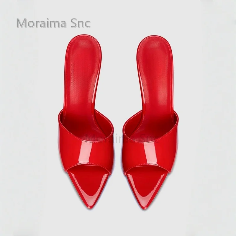 Ciabatte in pelle verniciata Pantofole Donna Tacchi alti Scarpe estive a punta Scarpe da festa con diapositive a spillo sexy poco profonde