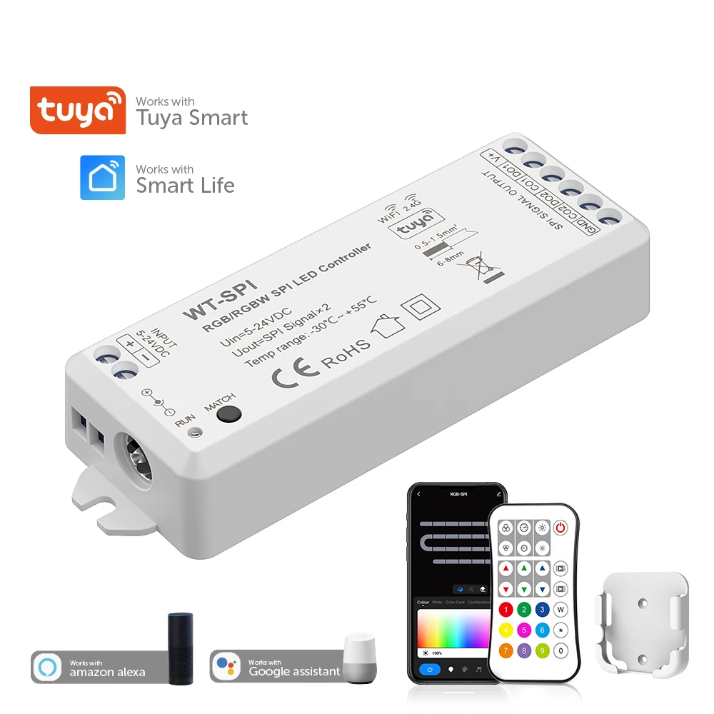 DC5V-24V 2.4G RF Tuya SPI LED Wifi Controller Remote Alexa Google Assistance for WS2811 WS2812B WS2815 RGB SK6812 WS2814 Strips