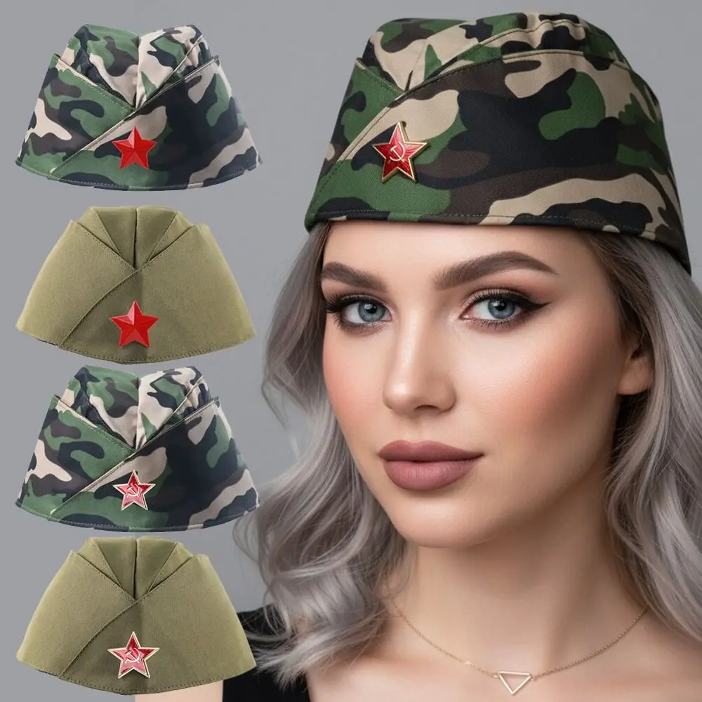 Vintage Red Star Badge Soviet Style Garrison Cap Green Cosplay Russian Cap Stage Performances Costume Hat For Man Women Unisex