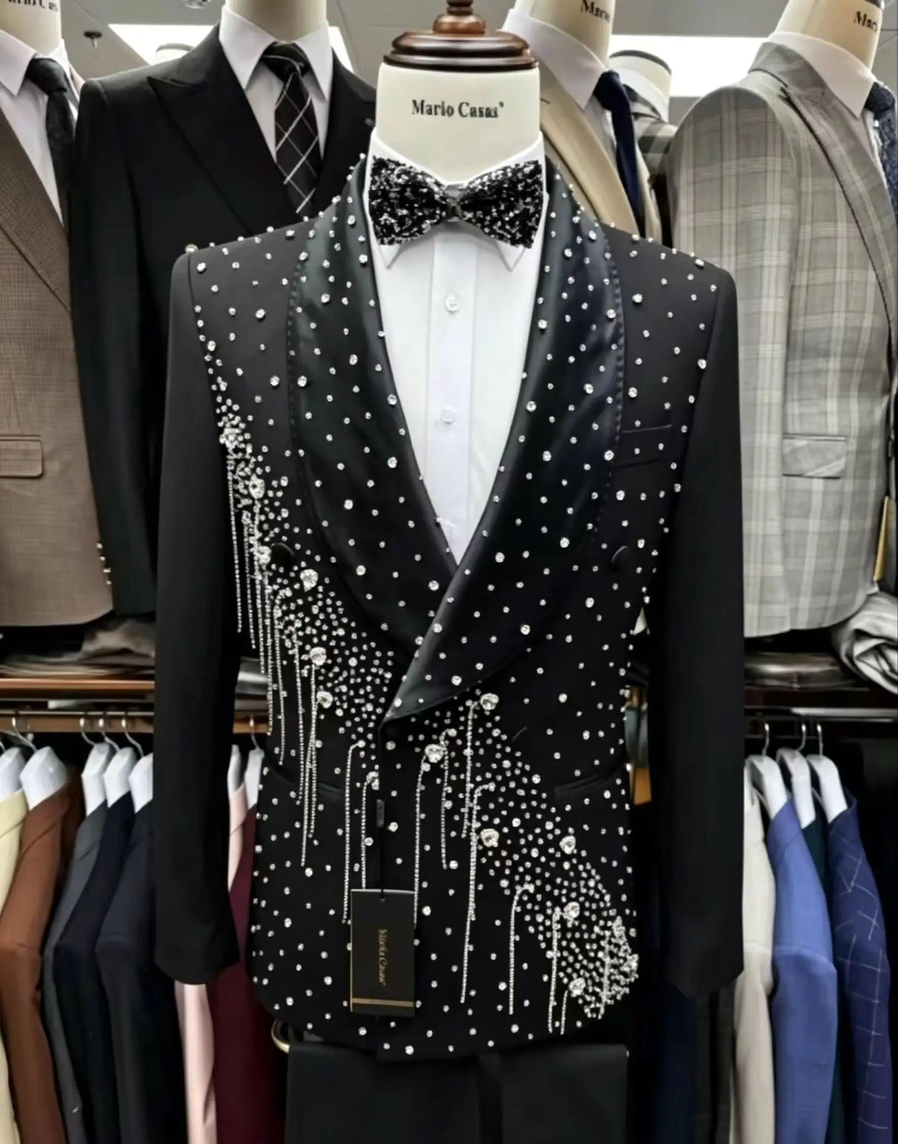 

Luxury Full Rhinestone Men‘s Suit Tuxedo Handmade Crystal Shawl Lapel Blazer Set Wedding Party Outfit Customized costumes homme