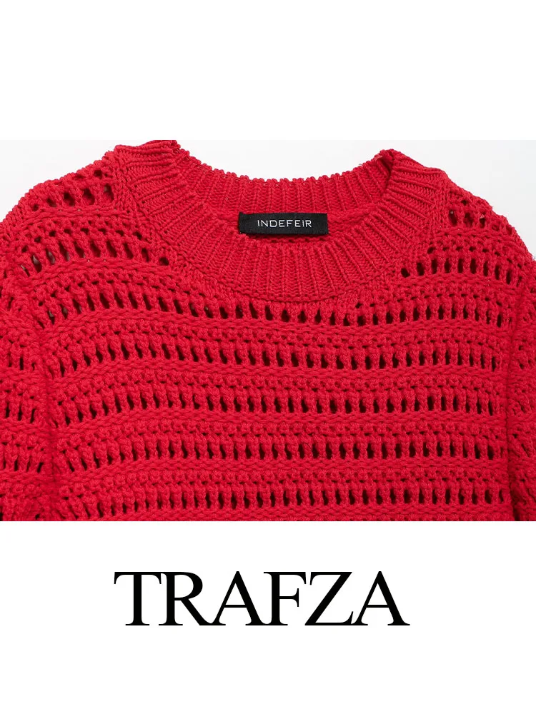 TRAFZA autunno moda donna Hollow o-collo manica lunga nappa Pullover lavorato a maglia femminile High Street solido maglione corto Mujer