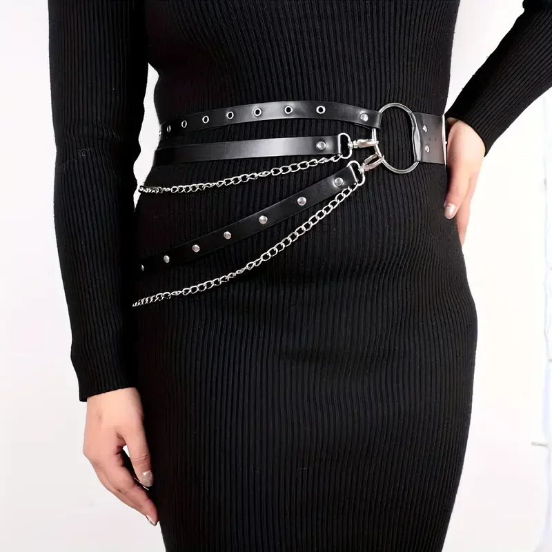 Unisex Leather Skirt Belts para Lady, Punk, Gothic, Rock Harness, Cintura Metal Chain, Body Bondage, Hollow Belt, Acessórios, 1Pc