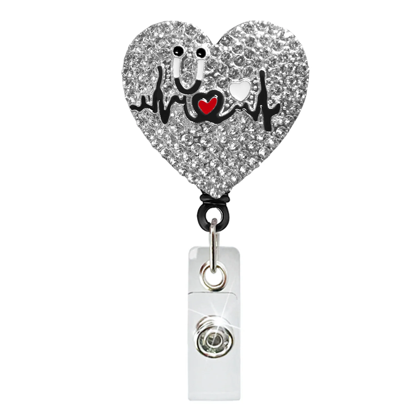 Rhinestone Heart Shape Rotating Badge Holder, seringa ECG, estetoscópio, carretel de crachá retrátil, presente para médico e enfermeira