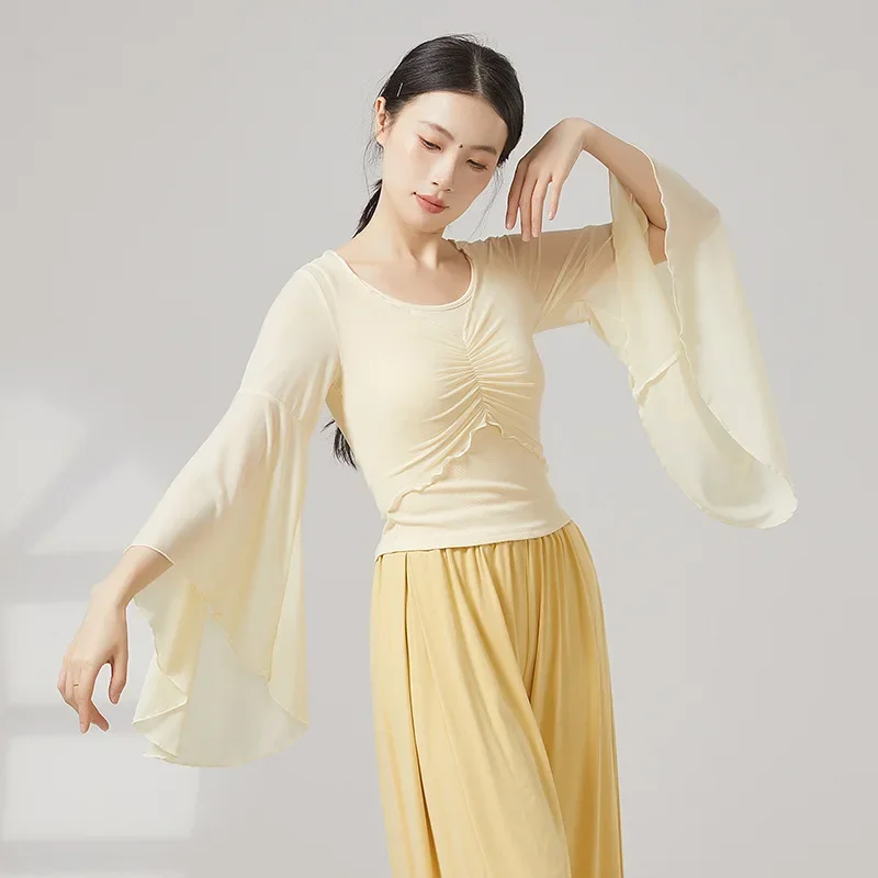 Classical Dance Top Women Flared Sleeve Shirt Spliced Mesh Training Performance Competition Costume Flowy Chinese Folk Dancewear