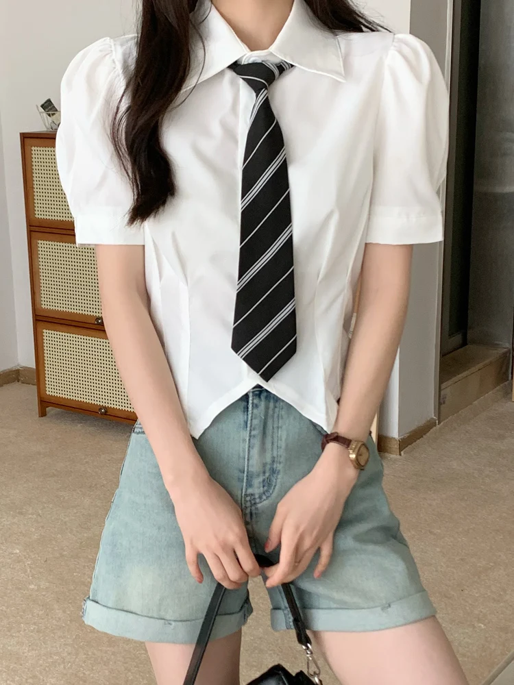 Sweet Bubble Sve irt Women's ort Sve Waist-Cinching Asymmetrical Design Korean Sle  Collar Commute Faion