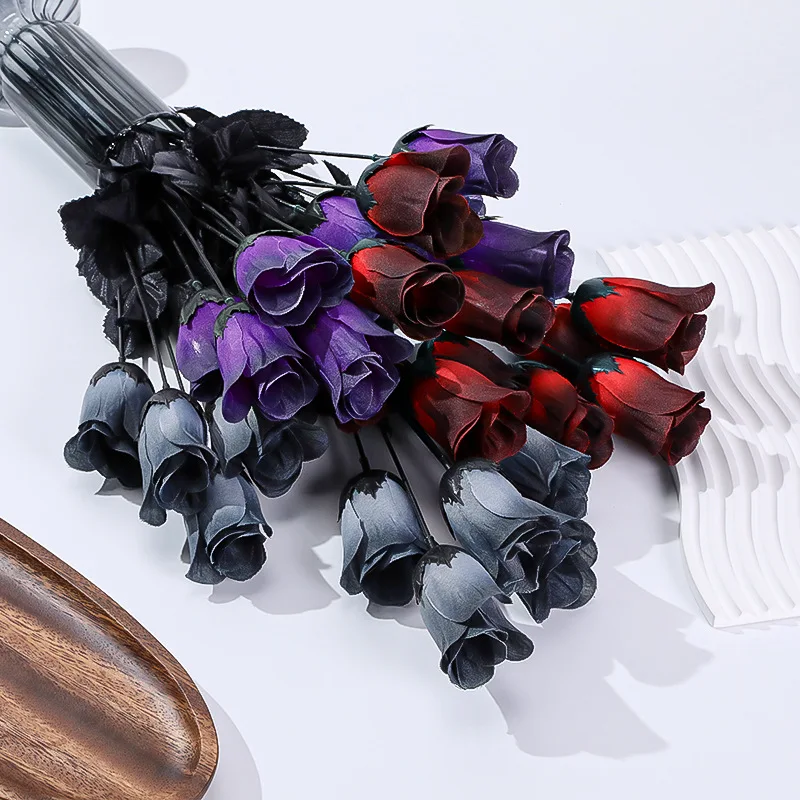 Black Artificial Rose Flower Gothic Style Simulation Flowers Wedding Home Party Fake Flower Decoration DIY Halloween Decor