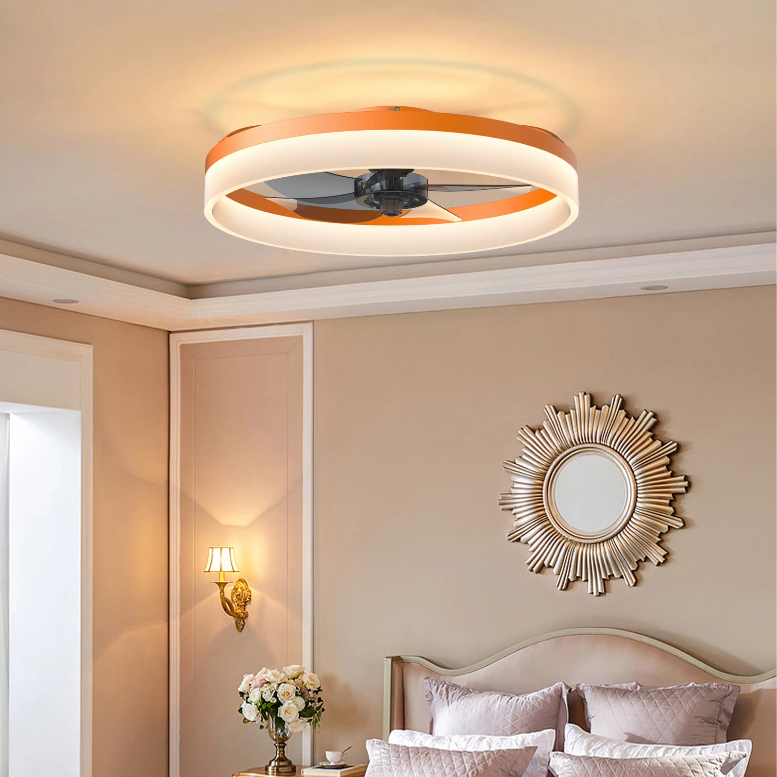 Ventilateur de plafond orange moderne avec lumière LED, ventilateur encastré à profil bas, 6 vitesses réglables, idéal pour la chambre et le salon