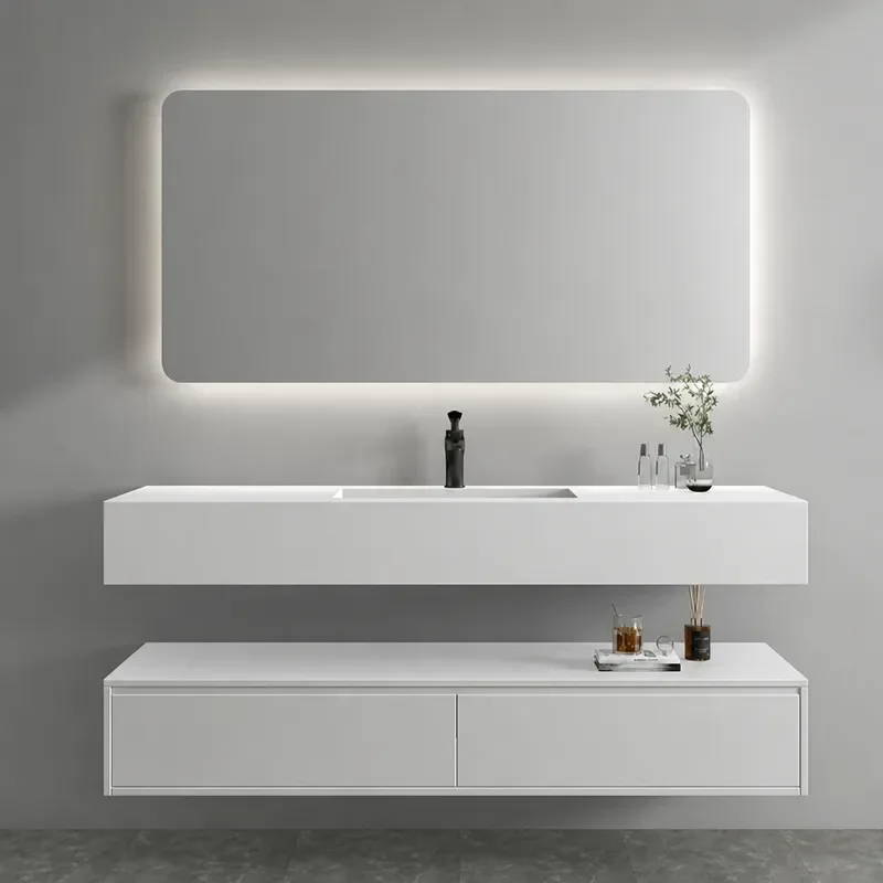 Rock Slab Bathroom Cabinet with Integrated Basin and Oak Storage Mirror Cabinet Smart Toilet Washbasin Combo