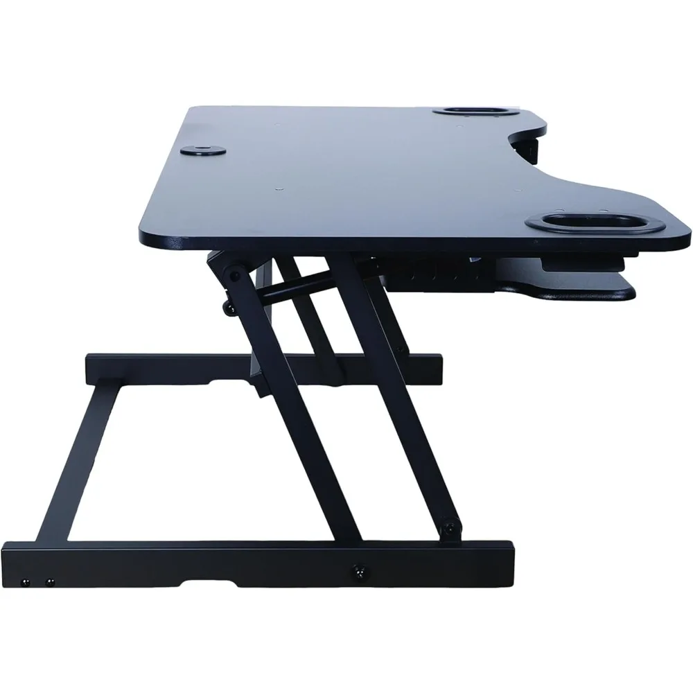 Height Adjustable Desk Converter with Slide-Out Keyboard Tray for Triple Monitor Setup and Standing Desk Use