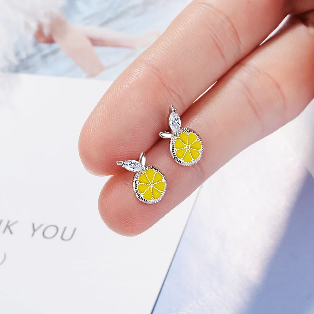Wholesale Cute Yellow Enamel Lemon Shape Stud Earrings for Women Jewelry Accessory
