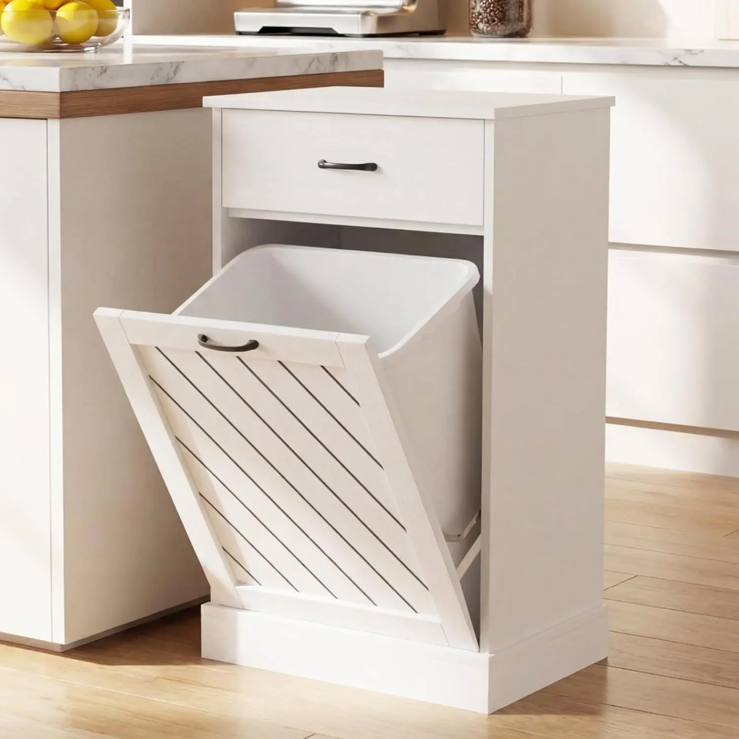 

13 Gallons White Tilt Out Trash Cabinet, Kitchen Hidden Trash Bin Cabinet Wood Garbage Recycling Cabinet with Hideaway Drawer, P