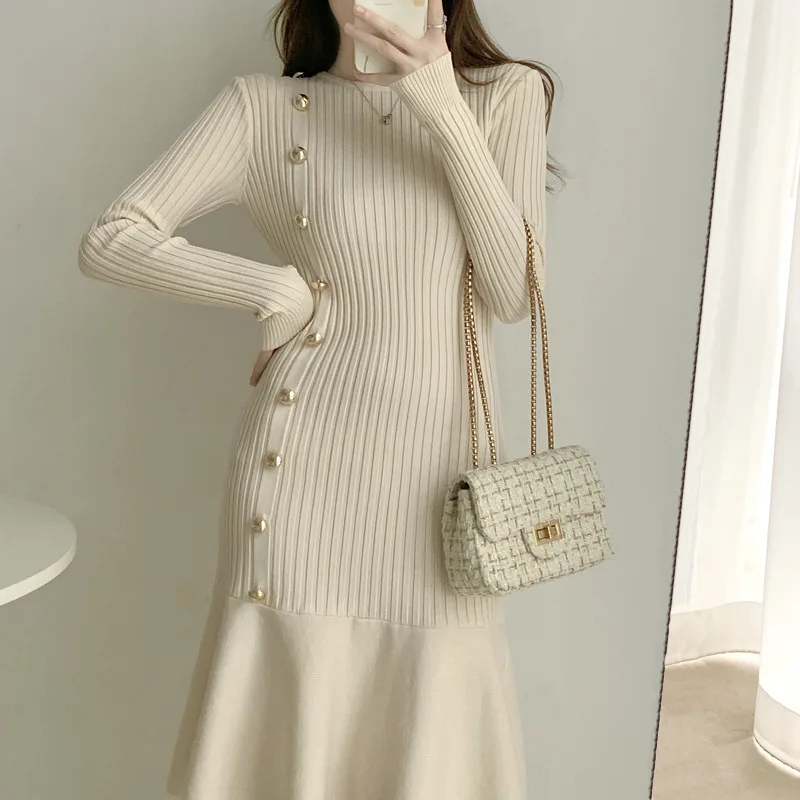 Vintage Trumpet Knitted Dress Fashion Slim Solid Long Sleeve Sweater Dress Autumn and Winter New Chic and Elegant Woman Dress