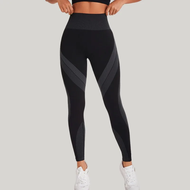 Seamless Breathable High Waisted Contrasting Yoga Pants Women Tight Fitting Hip Lifting Black Long Striped Sports Yoga Leggings