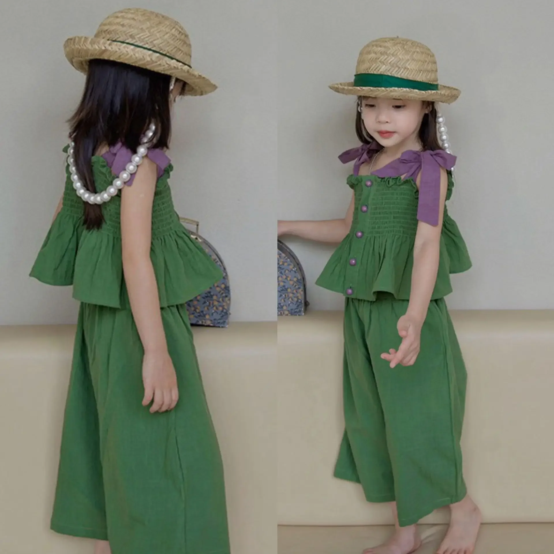 Girls' summer Korean vest+wide leg pants 2-piece set one piece hair children  kids clothes  girls clothes