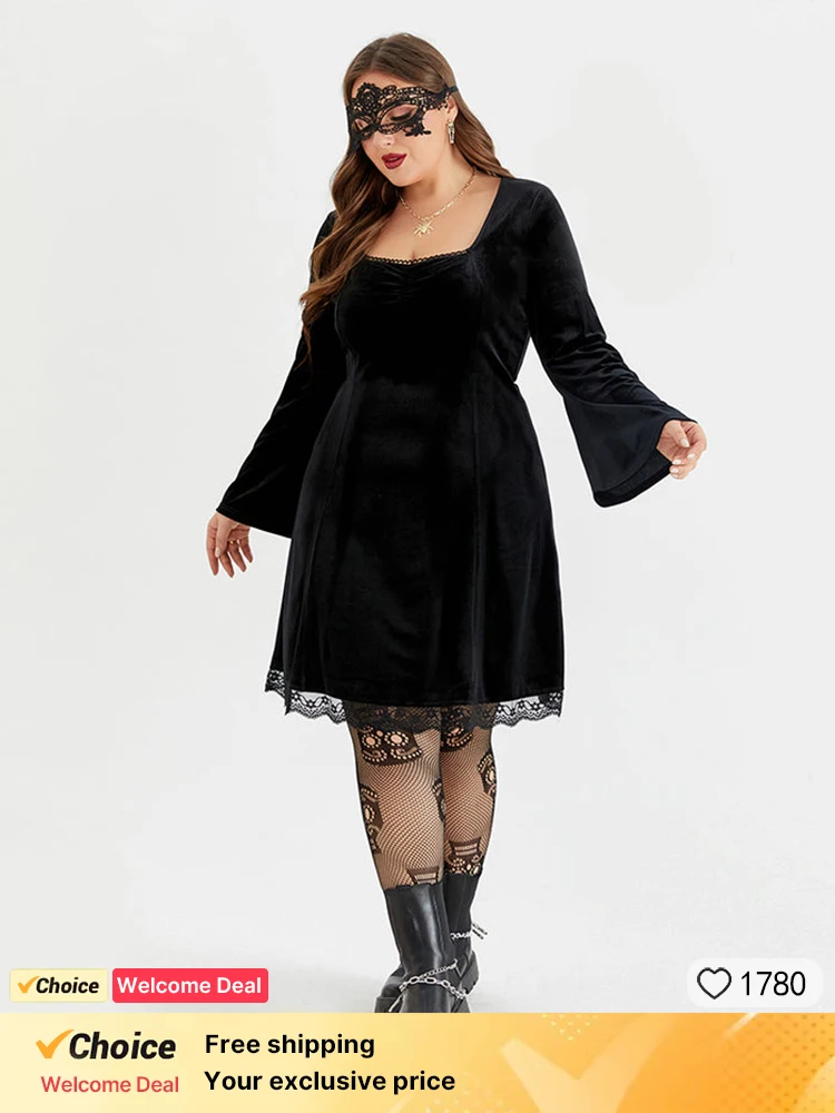 

Plus Sized Clothing Women's Fashionable Elegant Velvet Lace Trim Flare Sleeve Dress Long Sleeve Square Neck A Line Party Dress