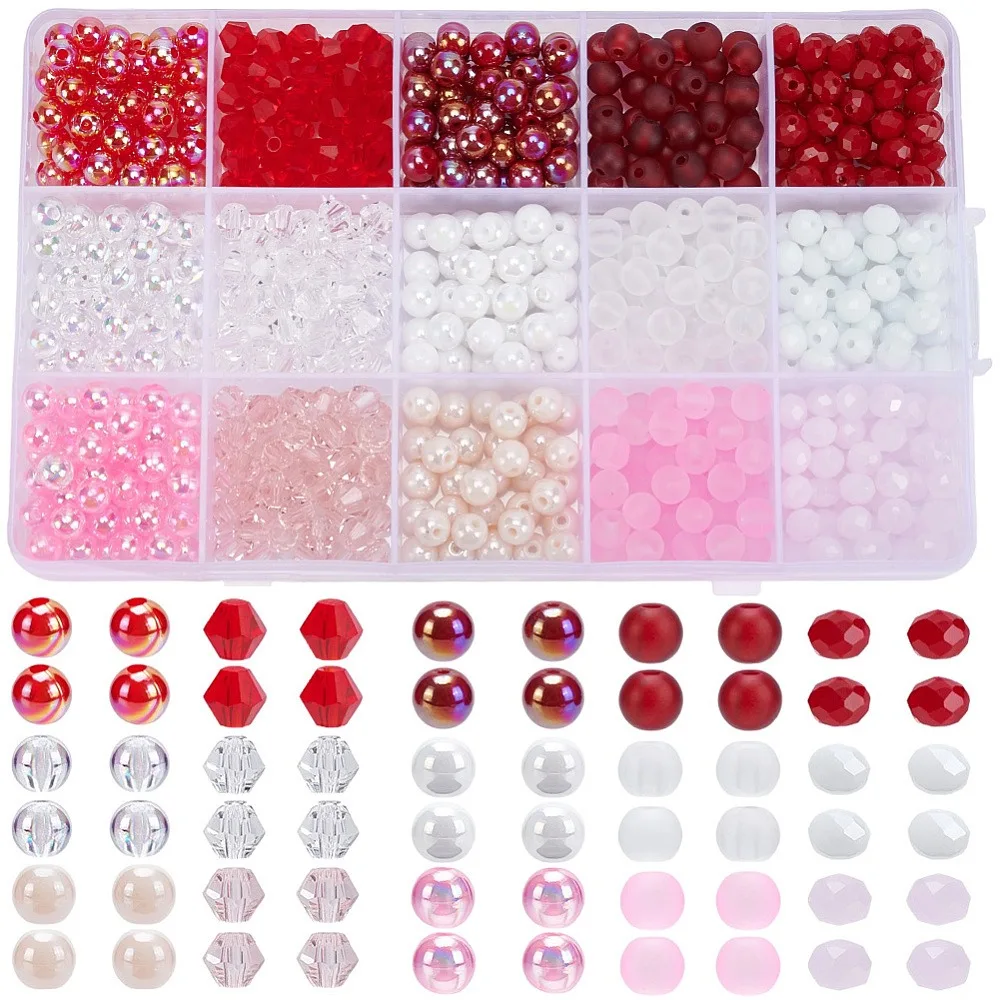 

750Pcs 15 Styles Valentine's Day DIY Beads Kits Including Acrylic Beads Glass Beads Pink 6~6.5x5~6mm Hole: 1~1.8mm 50pcs/style