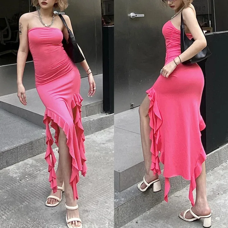 

Sexy Strapless Asymmetrical Fringe Dress Elegant Solid-Colored Jellyfish Lace Trim Dress Summer Trendy Women’s Beach Party Gown