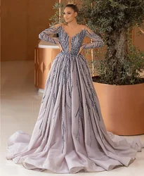 Luxury long-sleeved see-through round neck beaded sequins banquet party formal performance host dress