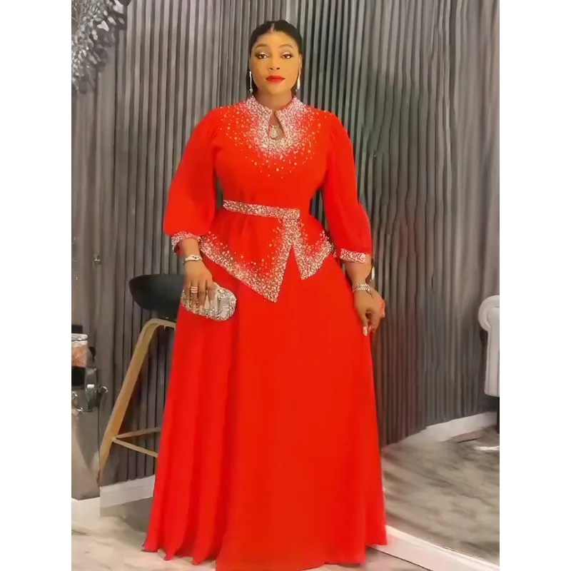 

Plus Size African Party Dresses for Women 2026 Fashion Dashiki Diamond Wedding Evening Gown Elegant Outfits Muslim Maxi Dress