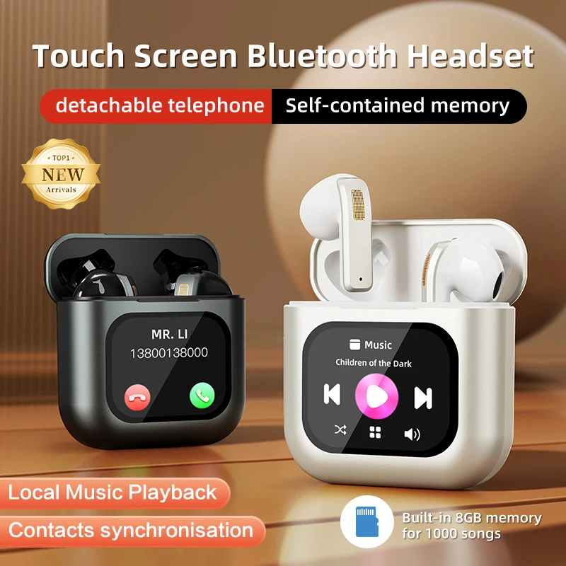 TWS Bluetooth Earphones LCD Touch Screen Earbuds 8G Memory ENC HD Calls Wireless Headset APP Message Reminder Dialing Video