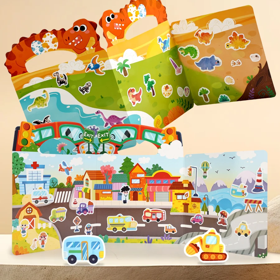 [Libro de pegatinas reutilizable] Juguetes de pegatinas para niños, con transporte, dinosaurios, granja, animales, espacio, supermercado, cuentos de hadas, princesas, lavables, duraderos, portátiles, desarrollo de habilidades cognitivas básicas, adecuados como regalos de cumpleaños para niños y mayores de 3 años, Navidad