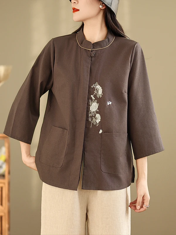 

Новая женская рубашка в китайском стиле, летняя, с вышивкой, на пуговицах, из льна, свободного кроя, в стиле дзен