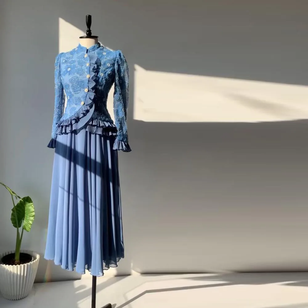 

Customized Lace Prom Dresses 2025 High Neck Full Sleeve Formal Wedding Guest Gown Pleat Chiffon Maxi Dress