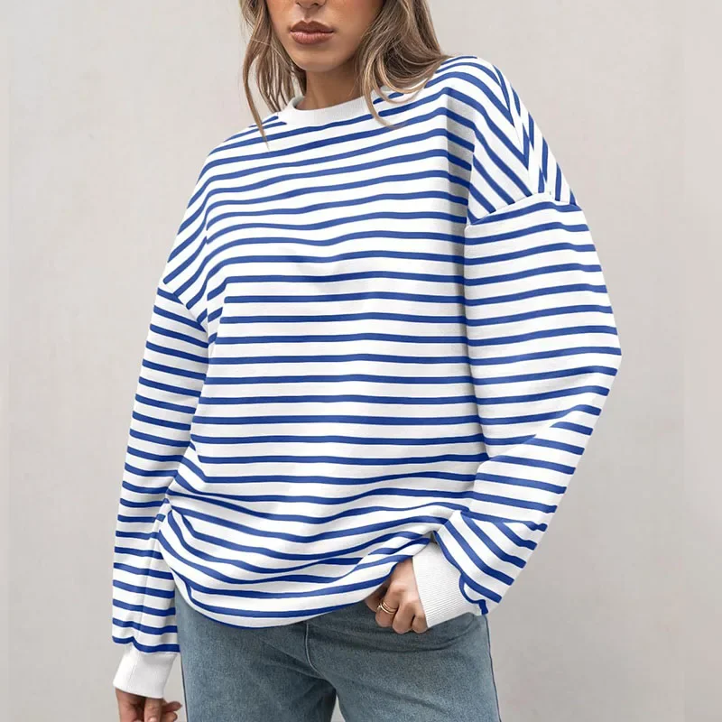 

Women Striped Sweatshirts 2025 Spring Autumn Pullovers for Female Long Sleeve Round Neck Hoodies Lady Casual Loose Tops