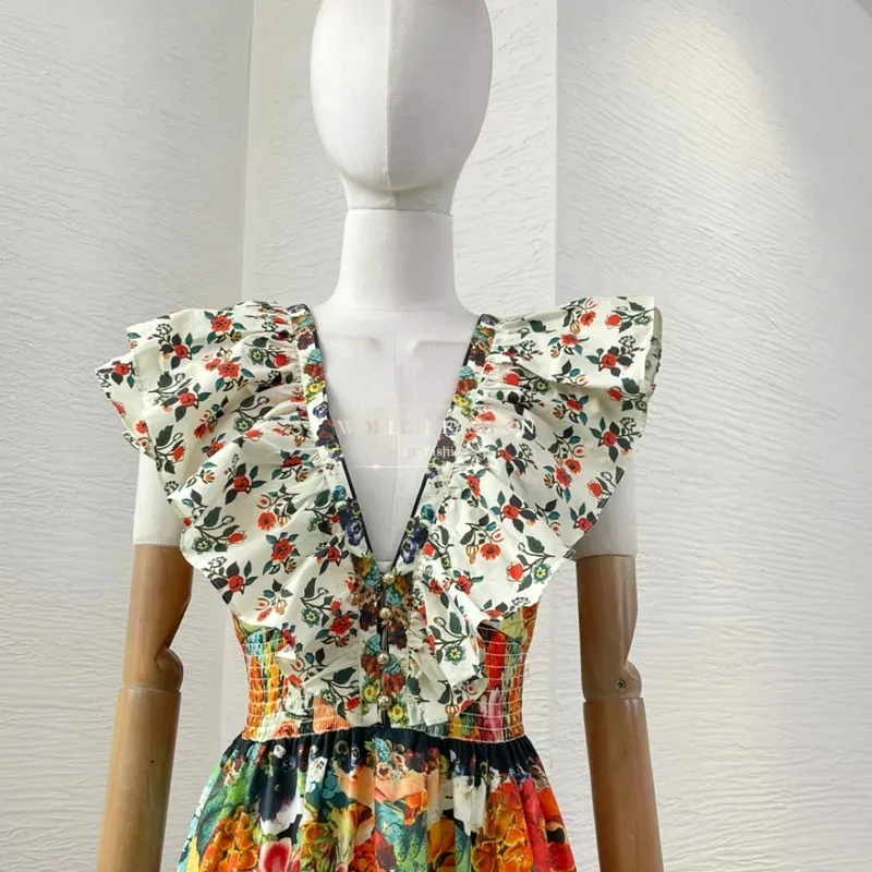 Abito longuette con volant e volant senza maniche con stampa floreale verde foresta multicolore in cotone 2025