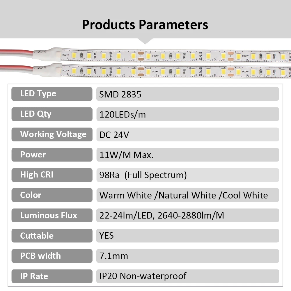 Fita LED de espectro completo, fita flexível, luzes de trabalho de leitura, 120LEDs por m, IP20, frio, quente, branco, Ra98, 2835, 5m, 10m, 24V