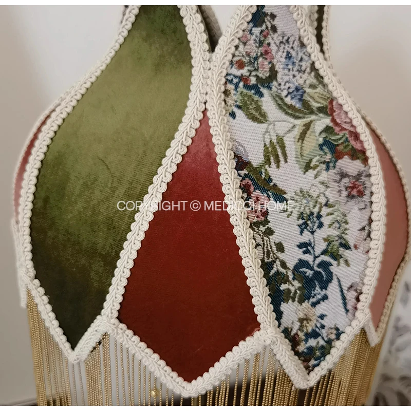 Medicci Home GG Style Retro Green And Red Velvet Lampshade French Shabby Chic Camellia Floral Decorative Lamp Cover With Tassels