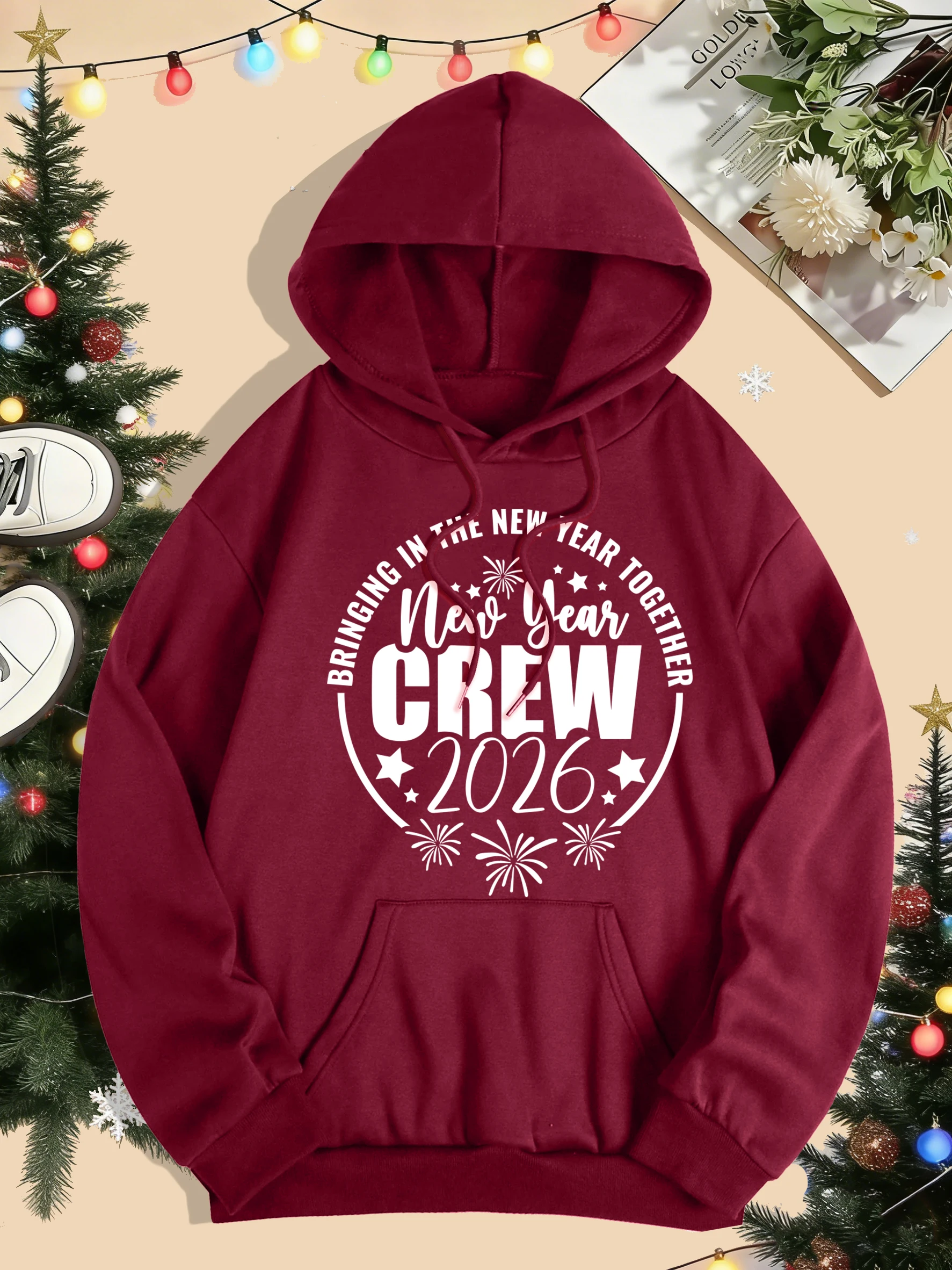Felice Anno Nuovo Crew 2026 Design Donna Felpe con cappuccio Hip Hop Tasca con cappuccio All-Match Abbigliamento sportivo casual in pile Y2K Abbigliamento donna