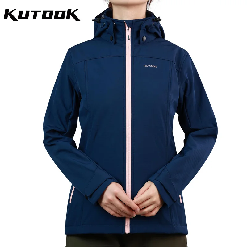 KUTOOK New Thermal Hiking Softshell Jacket for Women Lightweight Fleece Sportswear Climbing Clothing Removable Hood with Pockets