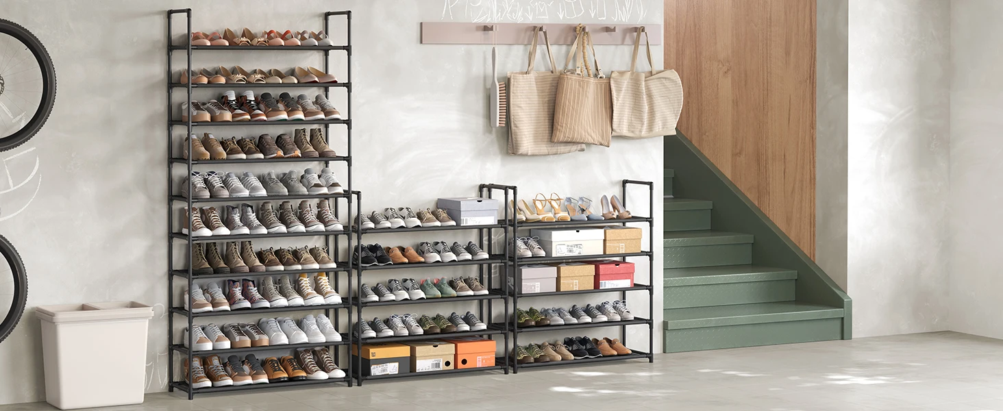 10-stufiges Schuhregal, Schuhaufbewahrung, Schuhhalter, Aufbewahrungsschrank, Metallrahmen, Regal aus Vliesstoff, für Eingangsbereich, Schlafzimmer, Schwarz, 30 x 100 x 176 cm – Detail 1