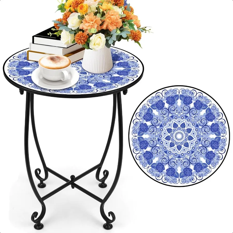

14'' Outdoor Round Side Table Unique Colorful Pattern Plant Stand Mosaic End Table Bistro Accent Table for Garden Yard Parch Ba